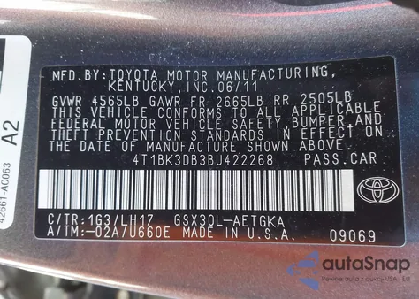 2011 Toyota Avalon from USA, damaged, VIN 4T1BK3DB3BU422268